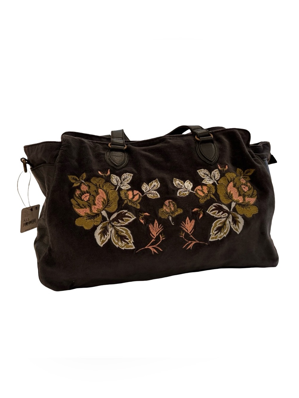Free People Black Tote/ weekender bag with Pink and Gold Floral Embroidery - Picture 4 of 16